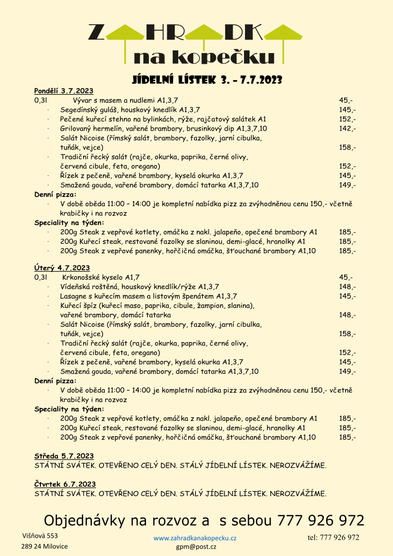 Polední menu Restaurace Zahrádka na kopečku